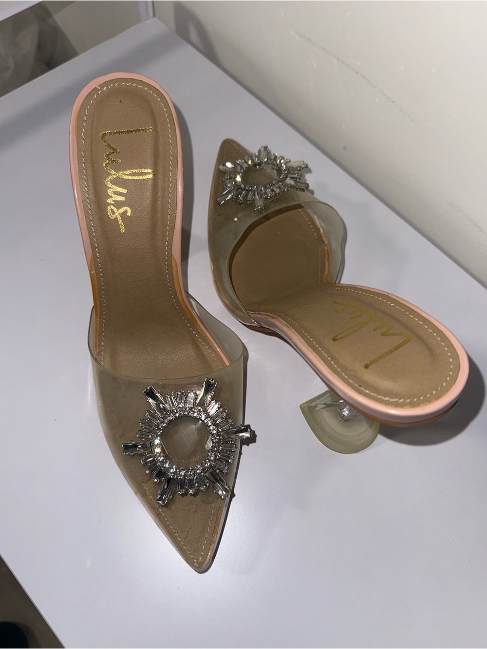 Lulu's Clear Pointed Mule with Pink Trim and Rhinestone Brooch